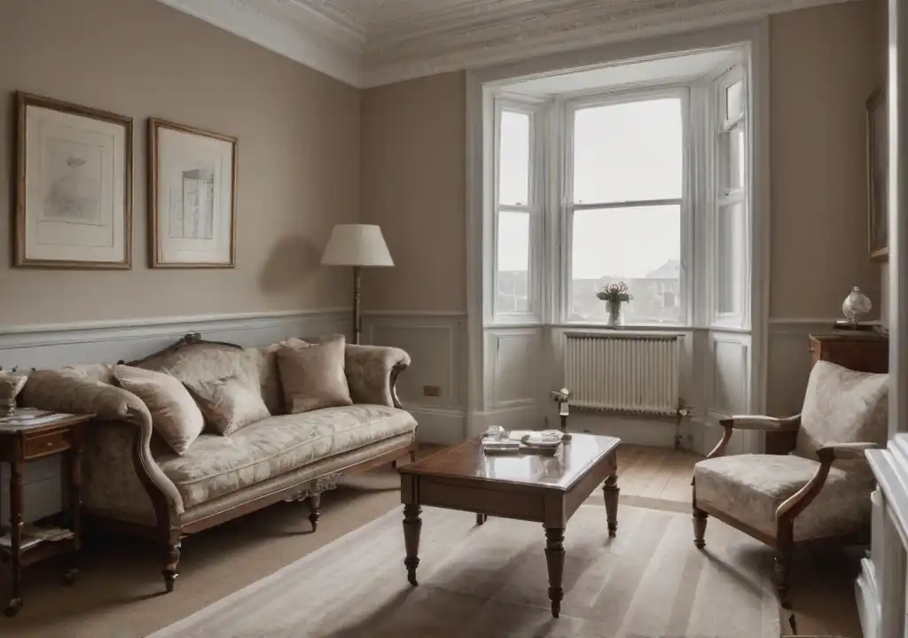 A stylish Edwardian living room in the early day with overcast skies