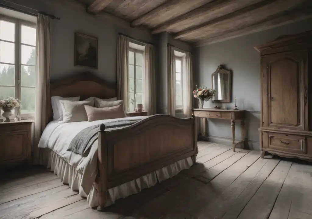 French country theme bedroom, big bed, wardrobe, misty afternoon