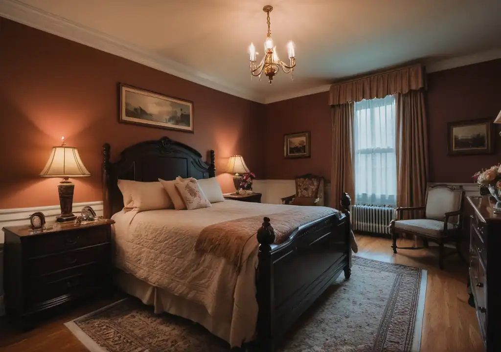 Grandmillennial, granny-chic designed bedroom, dark wood color, natural lights