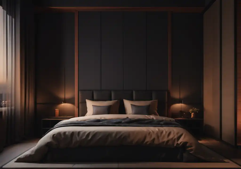 Low profile bed, Japandi styled bedroom, moody shades of soft light