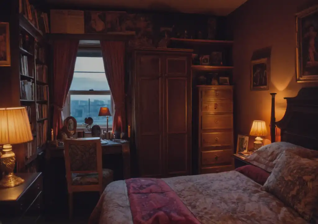A highly maximalist designed bedroom, warm afternoon light, very moody setting