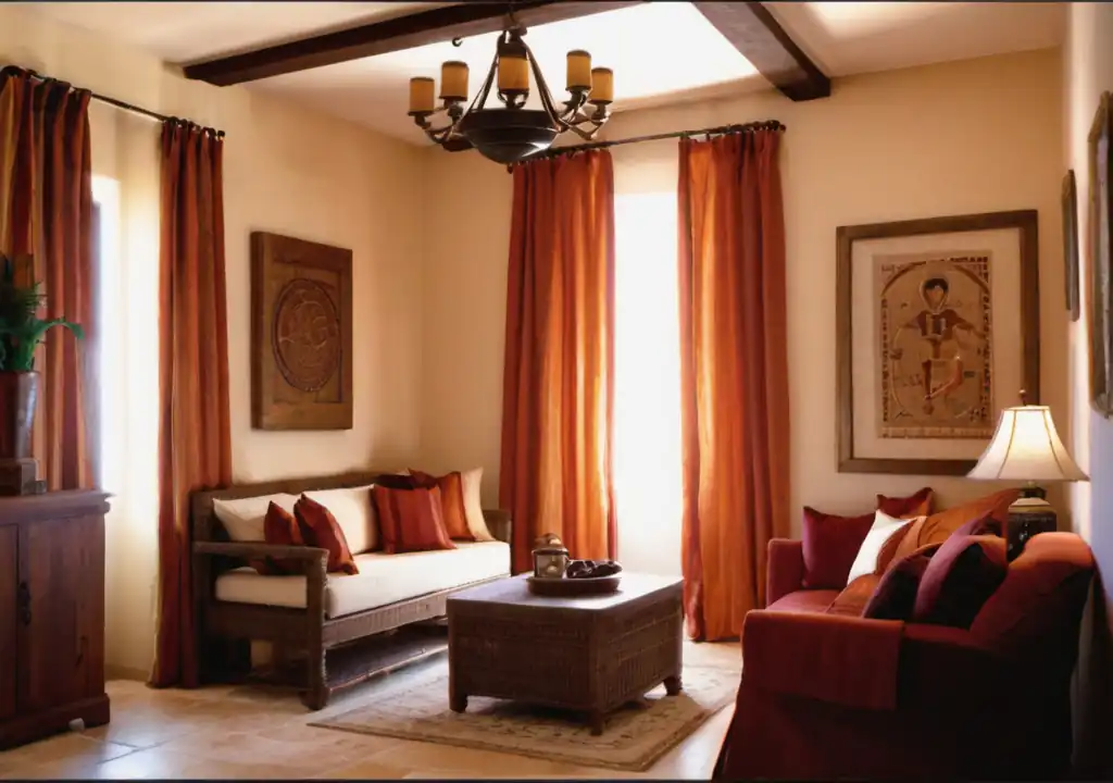 A very bright and sunny Mediterranean lounge room, two seats and a small table