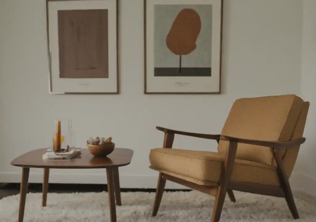Mid-century modern designed chair, table with a couple of pieces of hanging artwork, orange, beige and brown colors