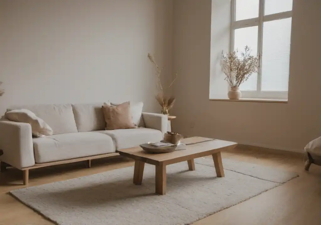 Minimalist living room sparse decor, very soft natural lighting