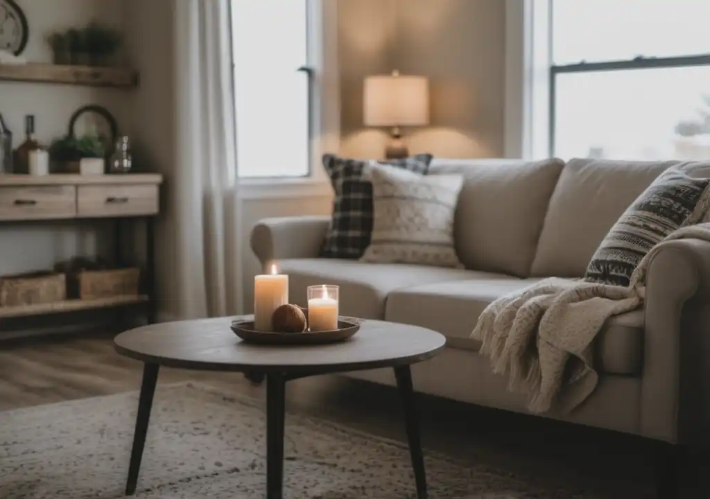 Living room in the modern farmhouse style, wooden table focused shot, patterned pillows and blanket throws