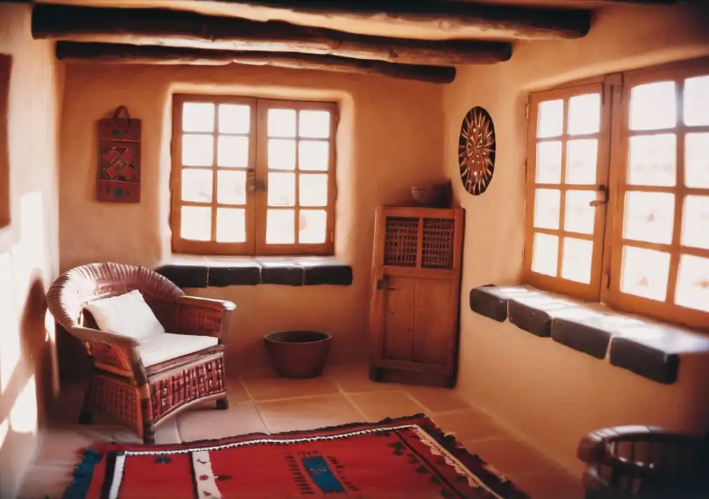 Very bright room filled with intense sunlight, Pueblo styles room, wooden beams and natural materials