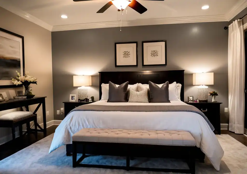 A transitional bedroom, very well lit, angled shot, at night time
