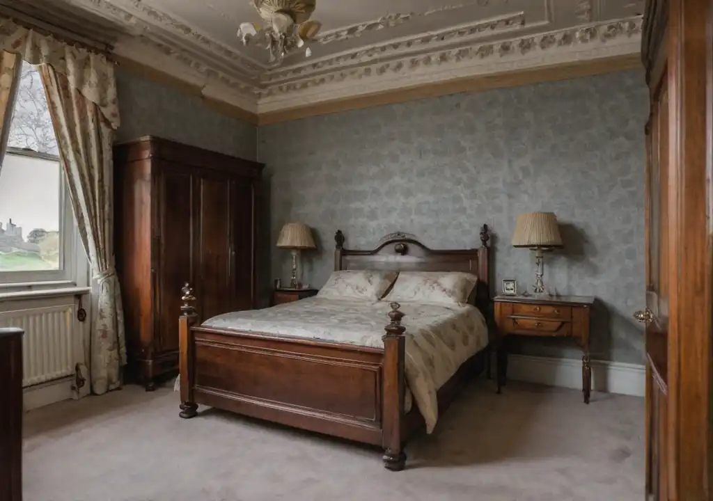 An old Victorian theme bedroom with deep brown wood and a light patterned wallpaper background