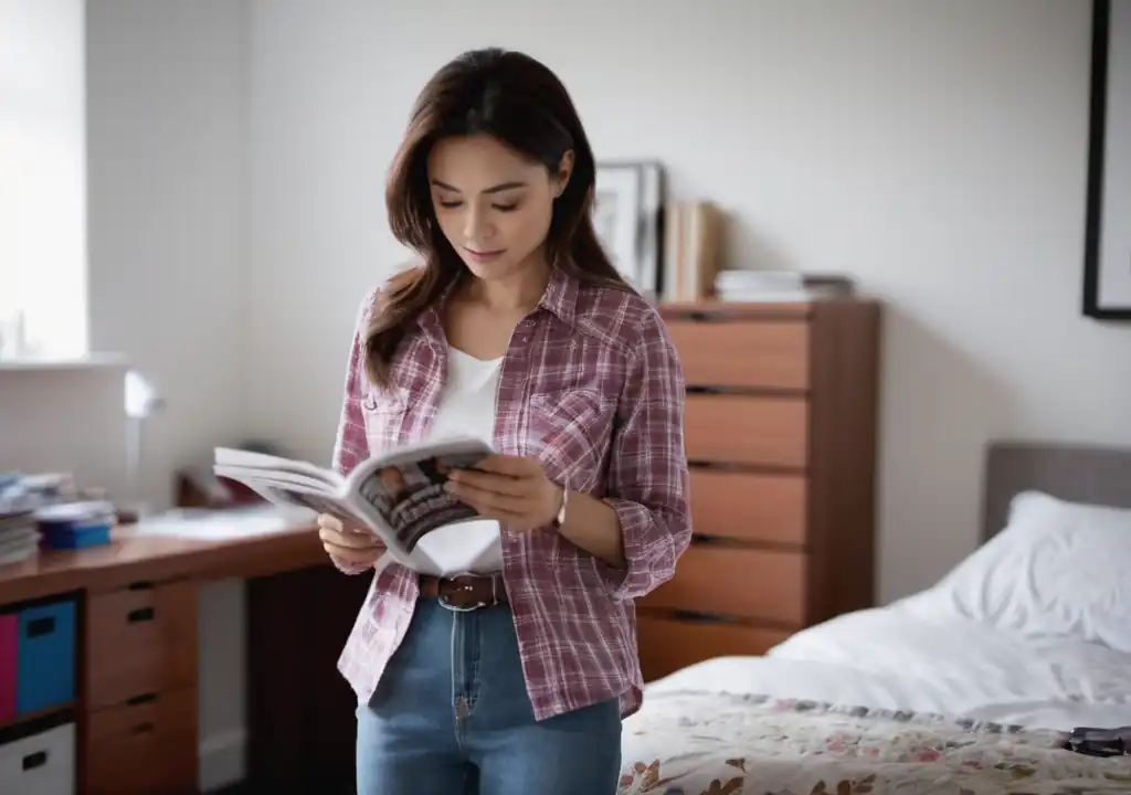 A woman standing in a home office wearing a plaid shirt and blue jeans reading about design styles in a magazine